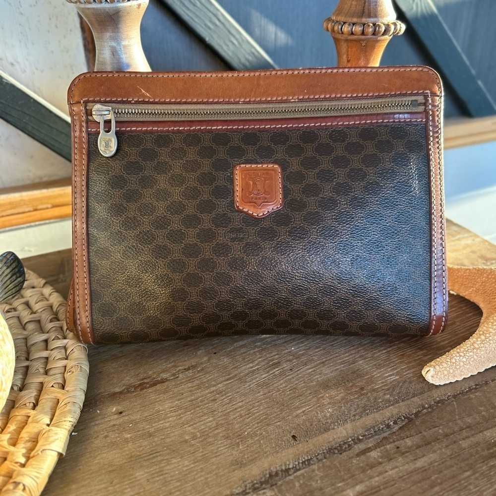💯 Authentic Italy certified Céline Vintage Macadam Wristlet Pouch Brown Leather